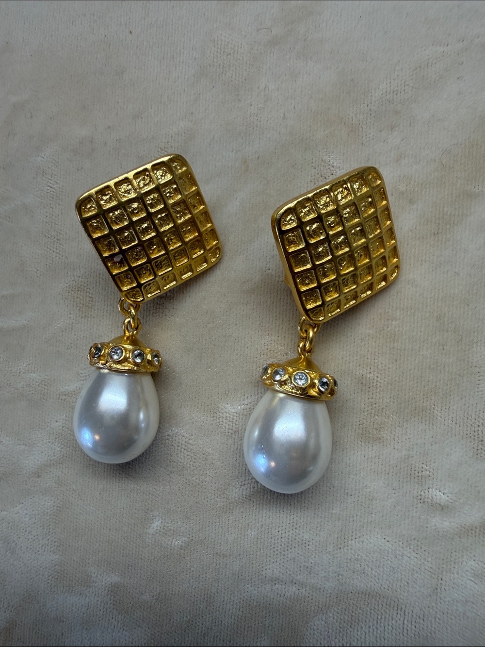 Gold-Tone Pearl Drop Earrings with Crystal Accents
